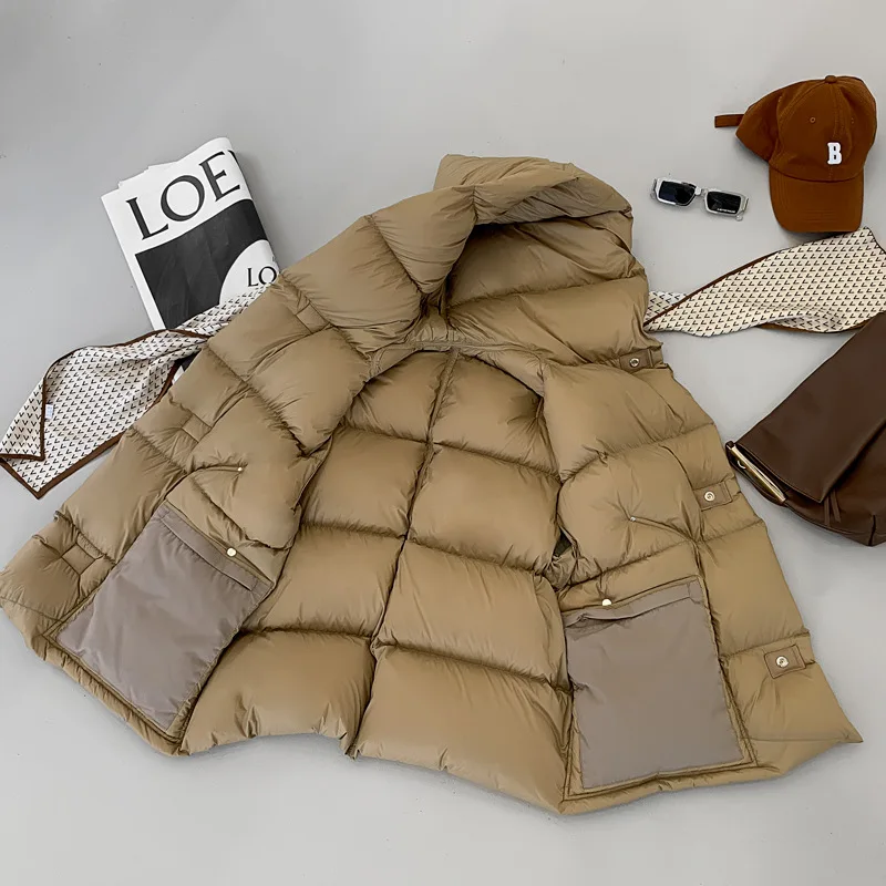 Imagem -03 - Cabolsa para Baixo Puffer com Bolsos Colete com Capuz Jaqueta sem Mangas Streetwear Quente Oversize Caqui Outwear Outono Inverno 2024