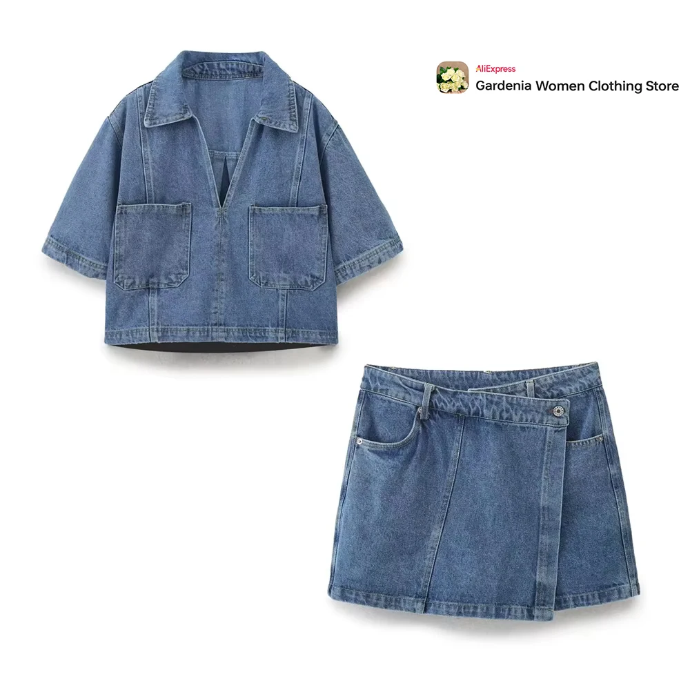 Classic Cozy Denim Two Piece Skorts Sets for Women Cropped V-neck Lapel Collar Denim Top + Wrap Shorts Skorts Jean Two Piece Set