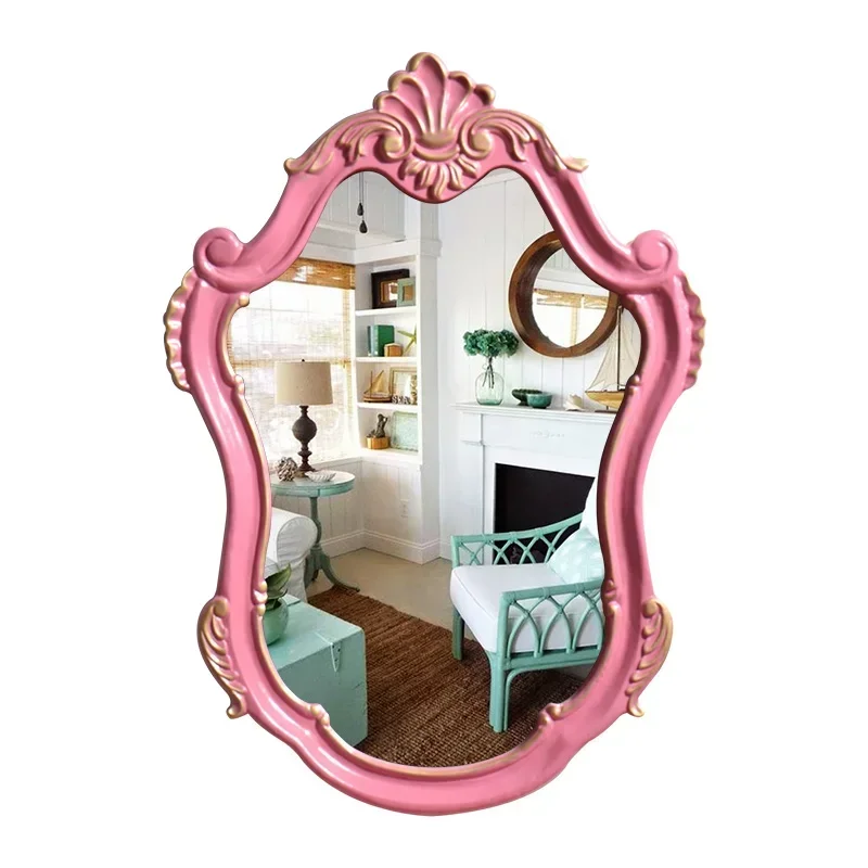 

European-Style Special-Shaped Bathroom Mirror Hallway Bedroom Carved Dressing Wall Mirror American Retro Green Special-Shaped