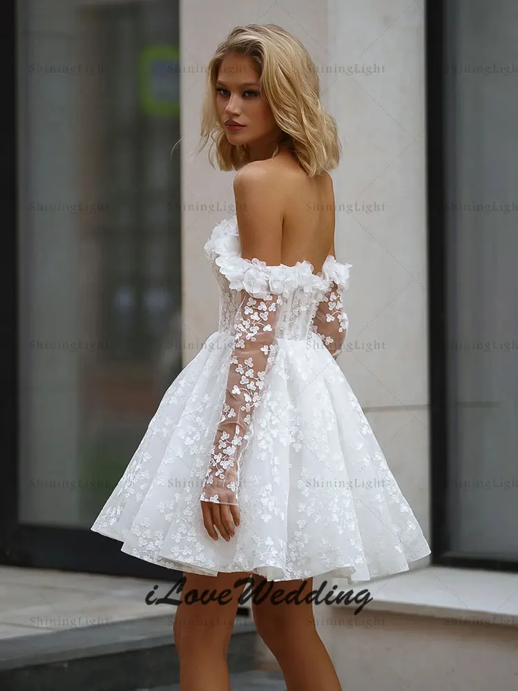 ShiningLight Short A-Line Lace Wedding Dress With Detachable Sleeves Off Shoulder Appliques Princess Boho Bride Gowns Customized