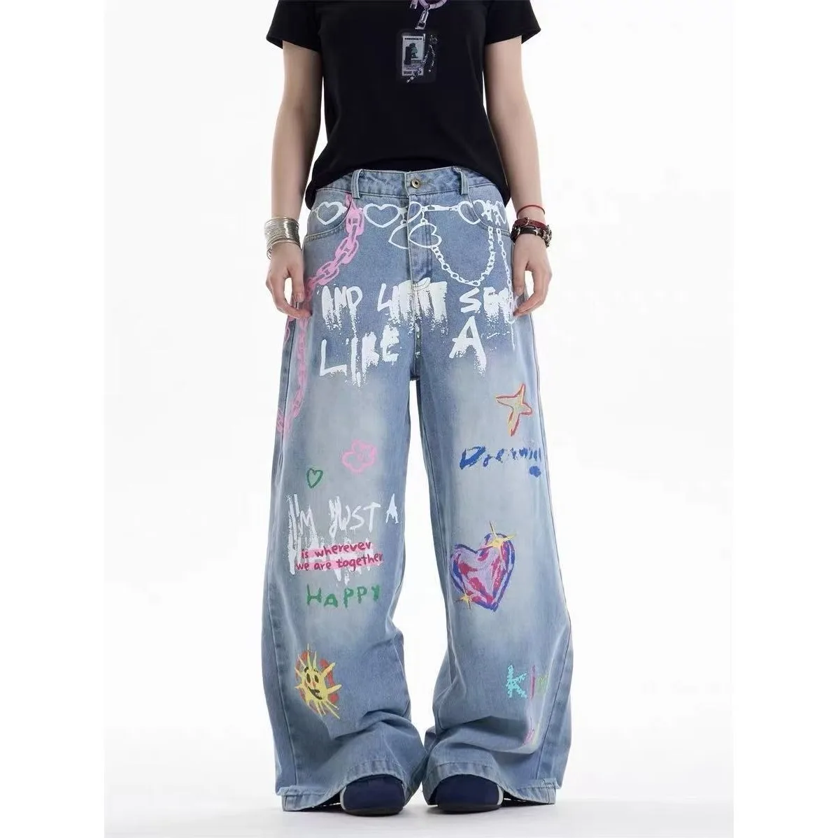

Y2K Women High Waist Loose Wide Leg Pants American Retro Graffiti Print Jeans Spring Autumn Floor Length Trousers