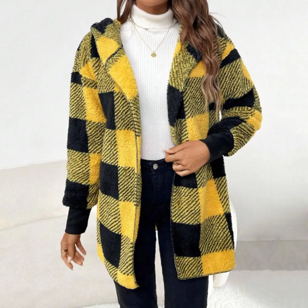 Women Sweater Coat Contrast Color Cardigan Sweater Plaid Print Hooded Winter Sweater Coat Windproof Mid Length Fuzzy for School