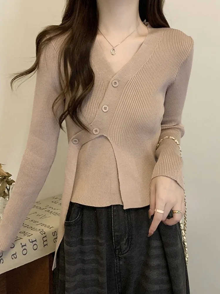 Slim Fit V-Ne Long Sve Gestrickte Pullover frauen Basis Schicht ort Top Frühling Herbst Neue Design Koreanische Sle Pendeln wind