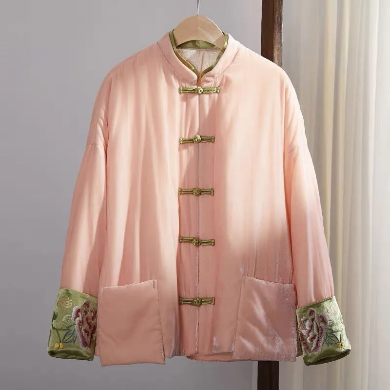 

Women's Autumn Winter Tops Coat Tang Suit Cotton Coat Embroidery Flower Personalized Slim Leisure Simple Soft Comfortable Niche