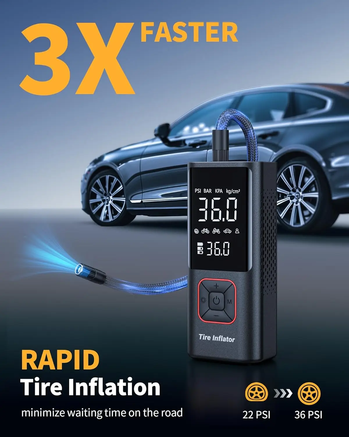 ضاغط هواء محمول لاسلكي بقوة 150 رطل لكل بوصة مربعة مع ضوء LED لإطارات السيارات والمطاطية