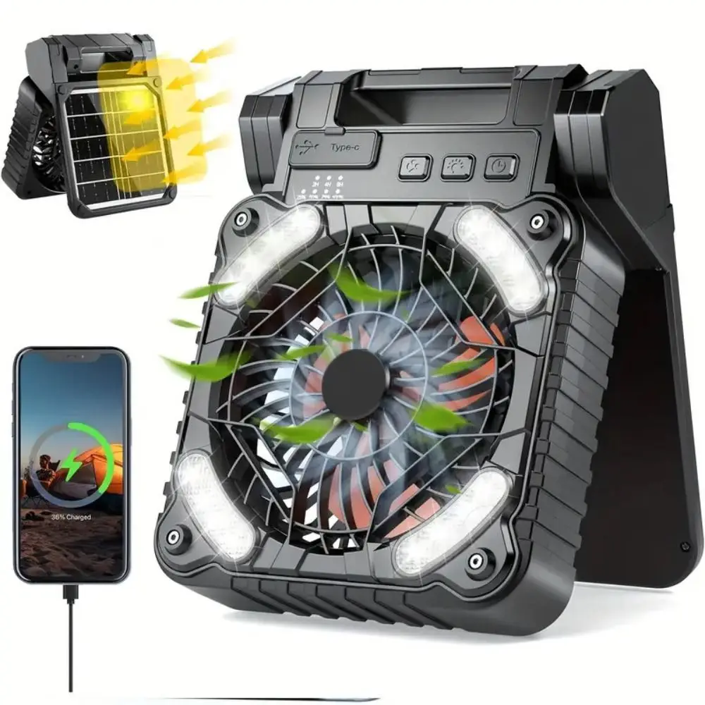 5200mAh Outdoor Solar Fan Folding Design 4 Speeds Camping Fan with LED Light 90° Folding Brighter LED Lantern Folding Ventilador