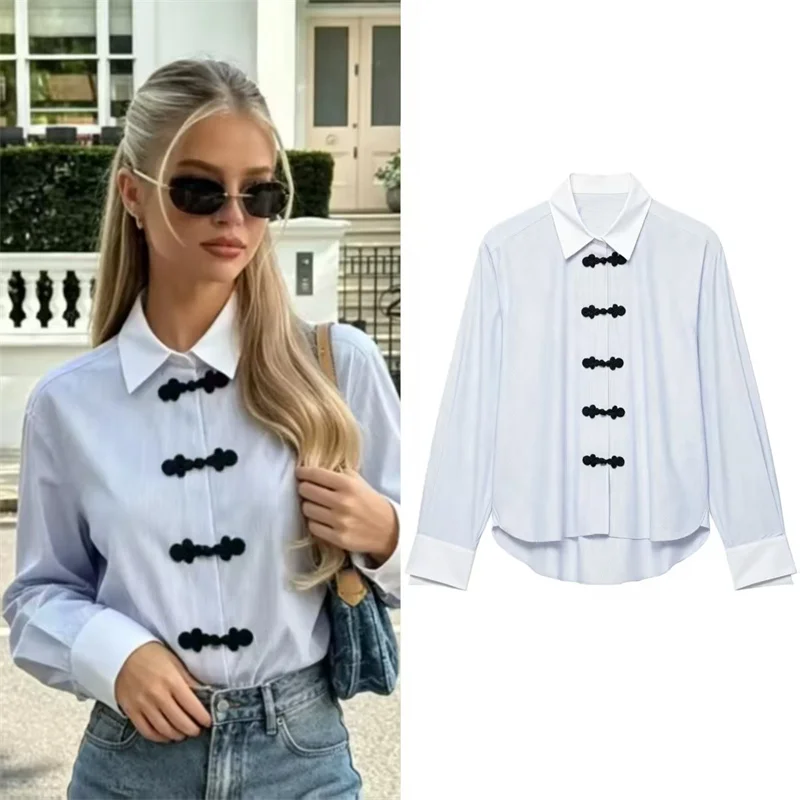 Women's Shirt 2026 Summer New Blue Striped Long-Sleeve Shirt with Knot Button Decoration Casual Fashion Versatile for Work