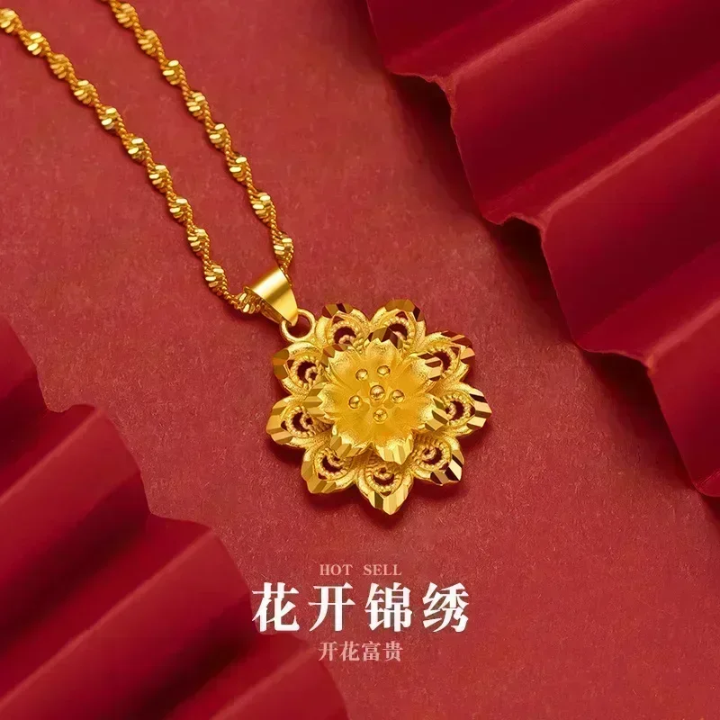 9999 Real Gold 24K Japan and Korea Fashion Women's Flower Necklace Versatile Pendant