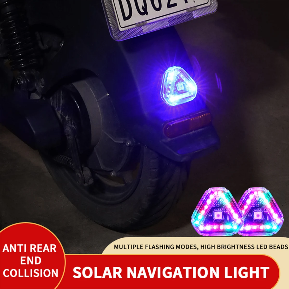 Triangles Solar Power Strobe Warning Light Motorcycle Car Motorbike Tail Colorful LED Night Rear Collision Flashing Signal Lamp