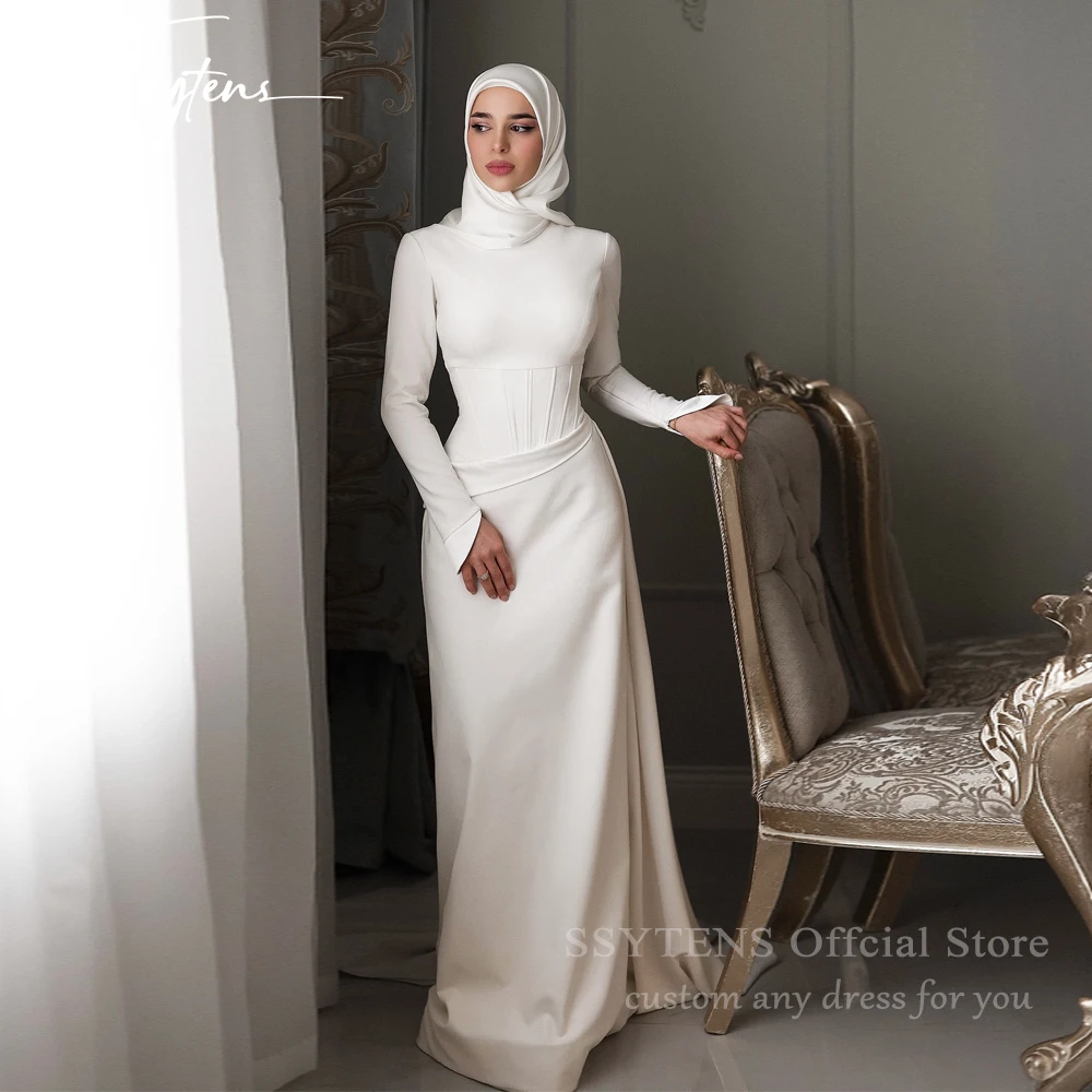 

SSYTENS Modest Wedding Dresses for Women 2026 Muslim High Collar Veiled Bride Dress Long Customize White Civil Bride Bridal Gown