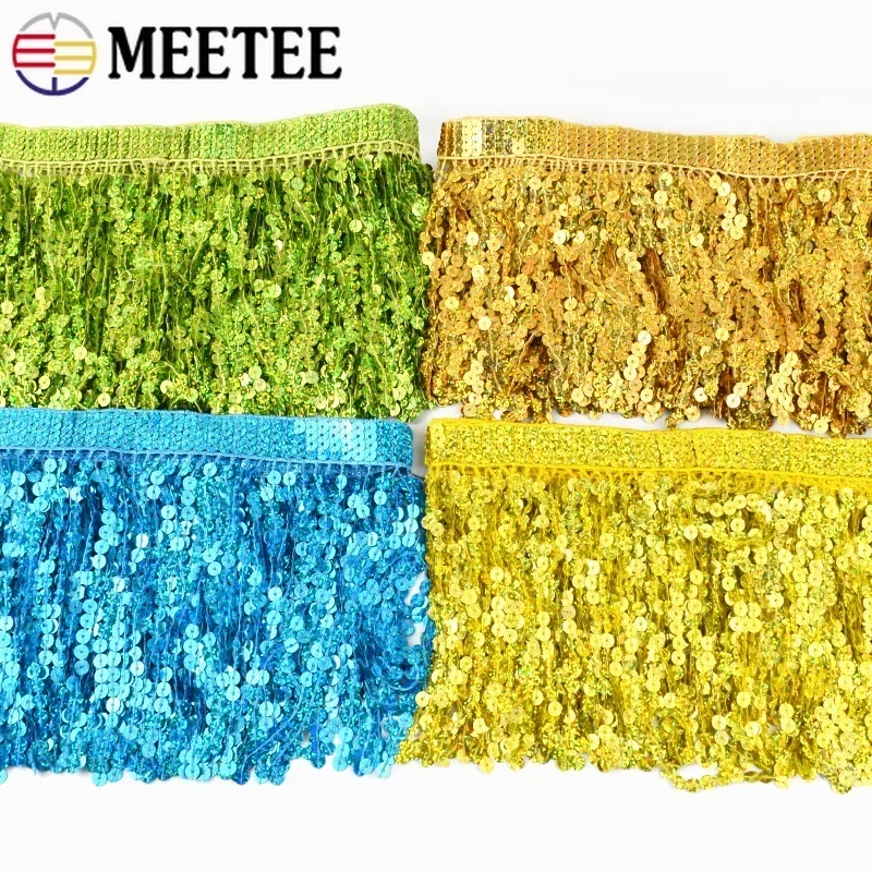 Meetee 16cm Sequin Tassel Fringe Trim Lace Fabric Ribbon Latin Dress Clothing Decoration Craft DIY Sewing Accessory,2/5/9Meters