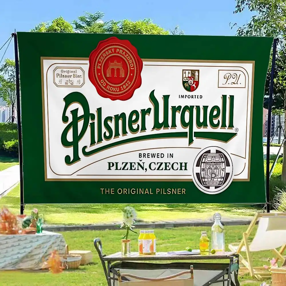 P-Pilsner U-Urquell Beer Logo Small Size Cheerleading Banner Hand Pulled Flag Outdoor Atmosphere Flags