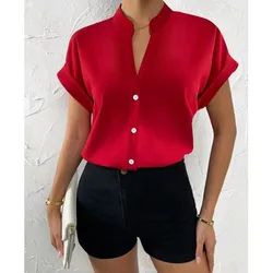 Summer Minimalist Women's V-neck Shirt 2024 Elegant Women's Satin Red Short Sleeved Single Breasted Casual Fitting Office Shirt