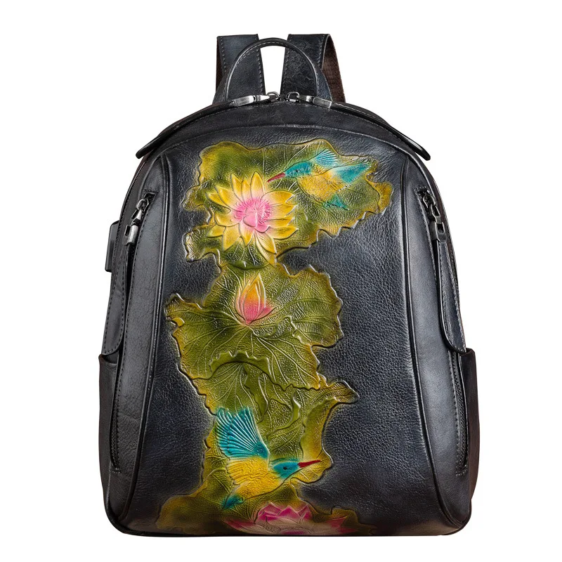 Vintage Genuine Leather Backpack Women Original First Layer Cowhide Travel Bags Handmade 3D Floral Real Cow Leather Shoulder Bag