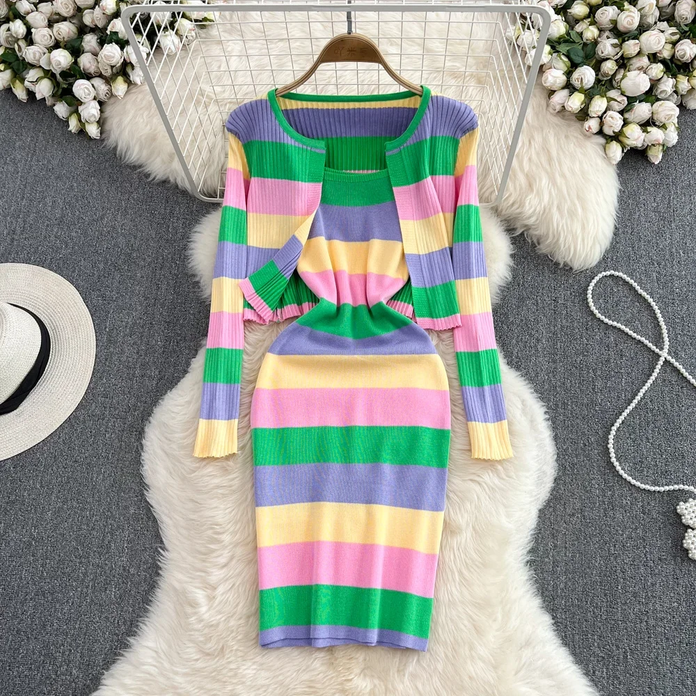 2024 New Office Lady Striped Two Piece Set Spring New Fashion Sweet Slim Chic Outfits Knitted Coats Cami Dresses