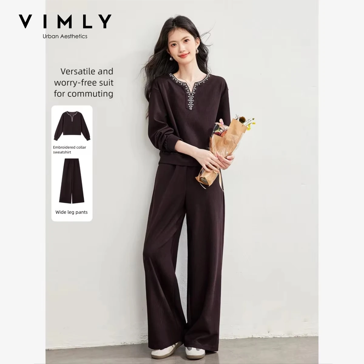 VIMLY Women Commute Casual Tracksuit 2-piece Set 26 Autumn New Round Neck Long Sleeve Sweatshirt Wide Leg Baggy Pants A7569