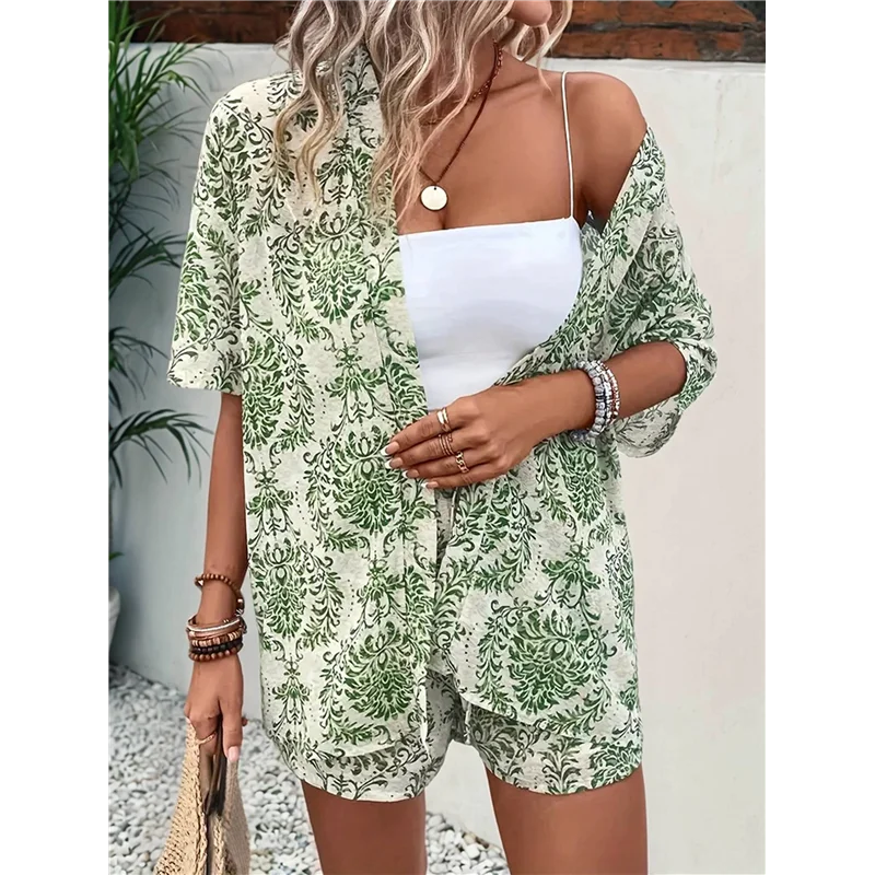 Nouveau-pantalon de plage pour femmes Co Ord ensemble 2 pièces chemise habillée et vêtements de plage courts pour les femmes