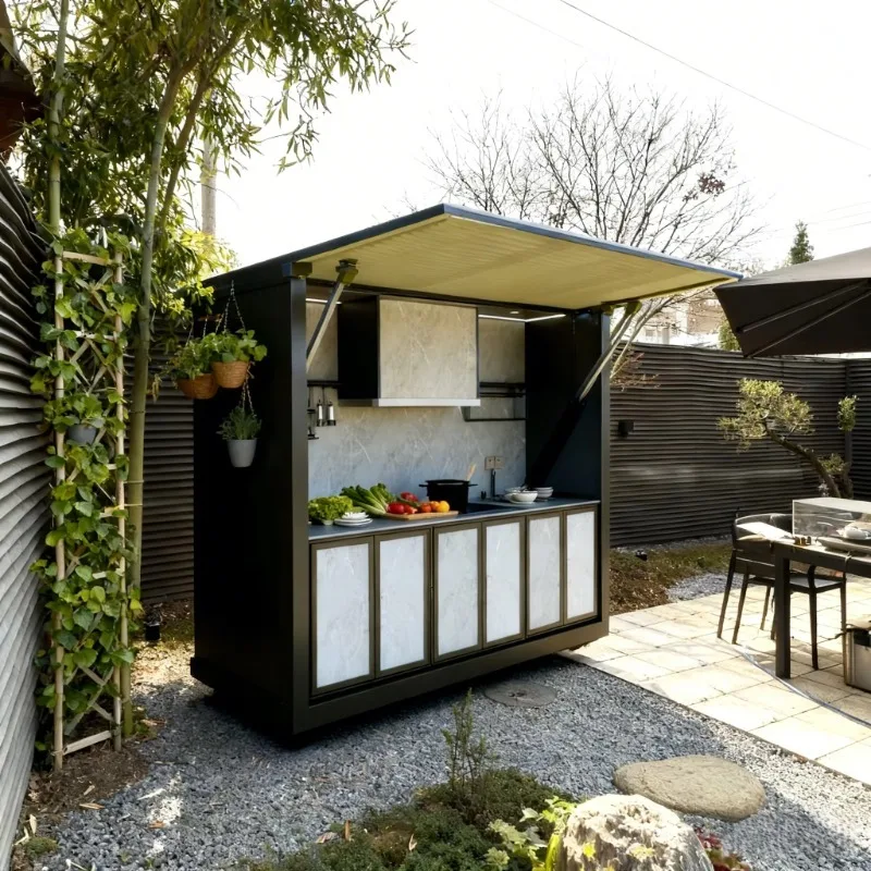 Premium Outdoor Modular Kitchen Integrated House with BBQ Equipment Sink Refrigerator TV Custom