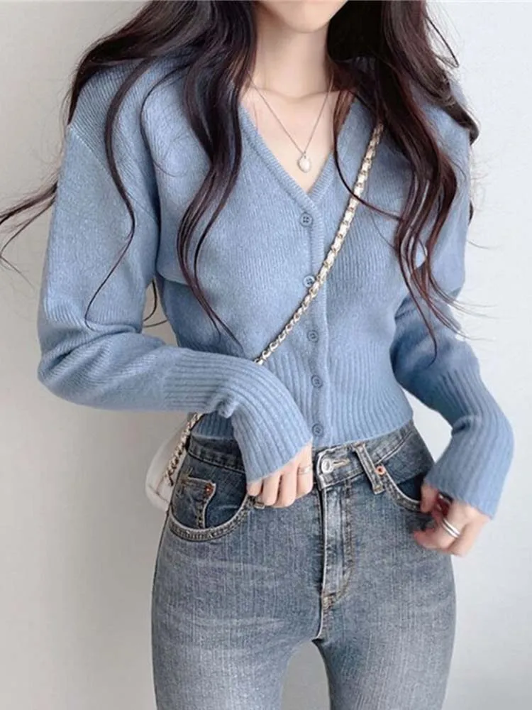 Thin Knited Cardigan Women Korean Style Sweet Single Breasted Short Sweater Lady Autumn V-Neck Long Sleeve Slim Casual Soft Tops