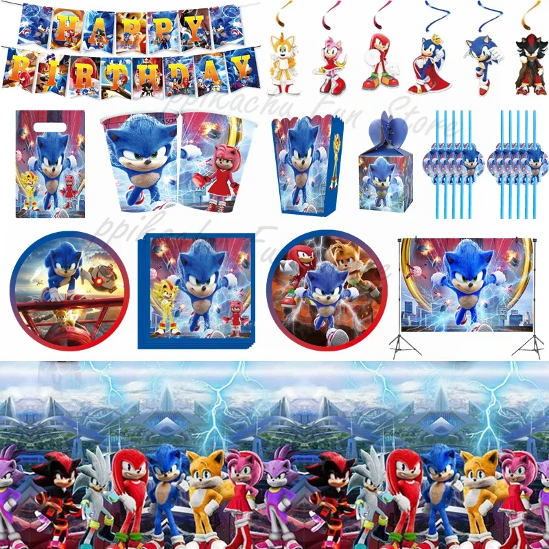 Nuevas Decoraciones de Fiesta de Shadow the Hedgehog, Platos de Papel de Sonic, Vasos de Papel, Mantel, Pancartas, Decoraciones Colgantes Grandes, Regalo para Niños