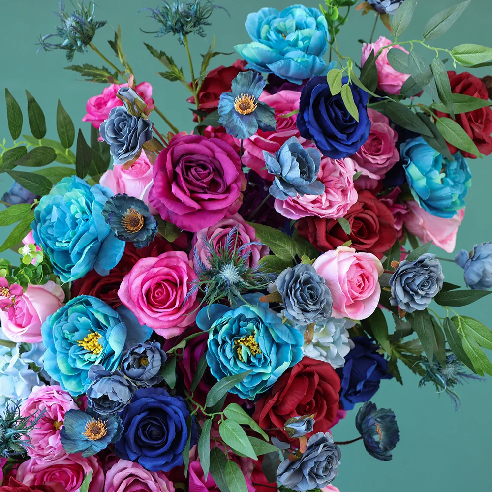 Pano de fundo de casamento decoração luxo rosa roxo azul série arranjo de flores rosa para decoração de arco de chifre corredor floral personalizado