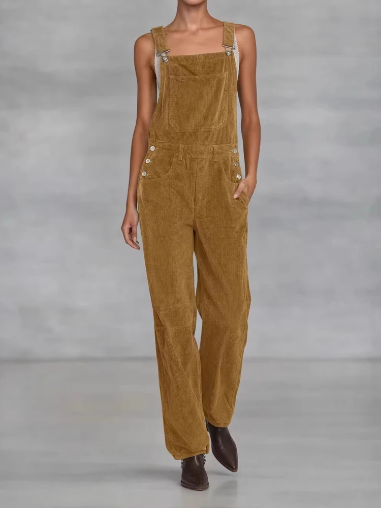 

Classic style simple and versatile corduroy overalls women's straight leg jumpsuit solid color retro daily commuting jumpsuit