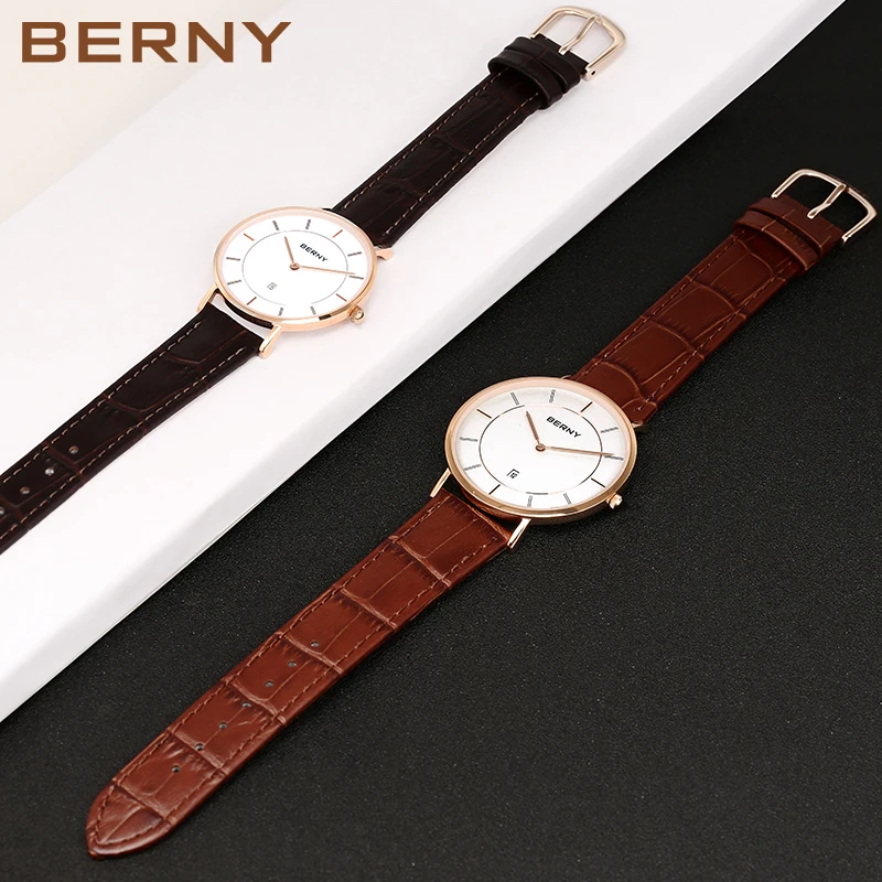 BERNY-reloj de cuarzo para hombre y mujer, cronógrafo de acero inoxidable, resistente al agua, zafiro, fecha, calendario, caja ultrafina, negocios