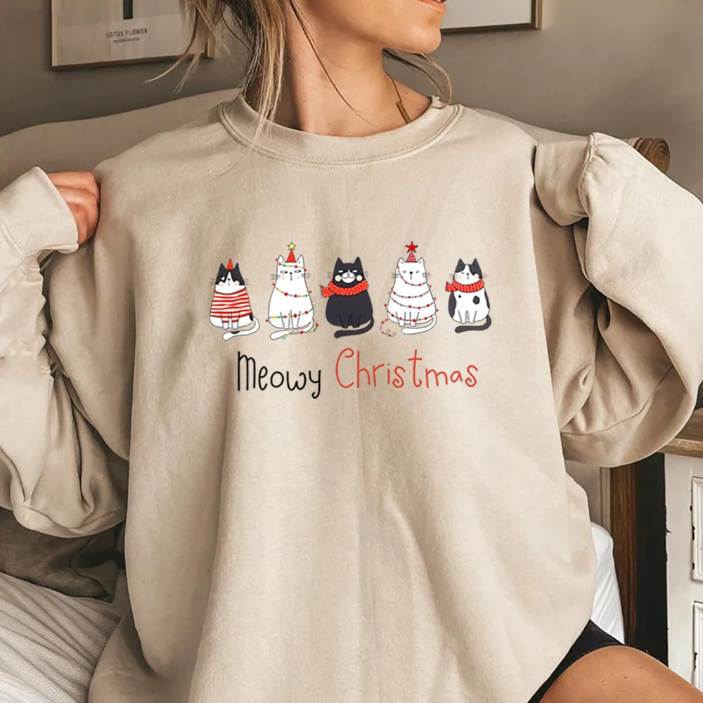 Meowy Christmas Sweatshirt Christmas Cat Merry Christmas Hoodie Cat Lover Sweater Cute Cat Cewneck Sweatshirts Gift for Cat Mom