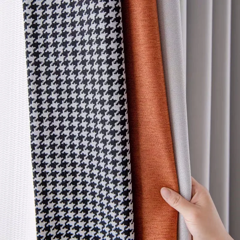 

Houndstooth Luxury Curtains for Living Room Bedroom Beige Orange Stitching Modern Minimalist Nordic High-end Blackout Custom