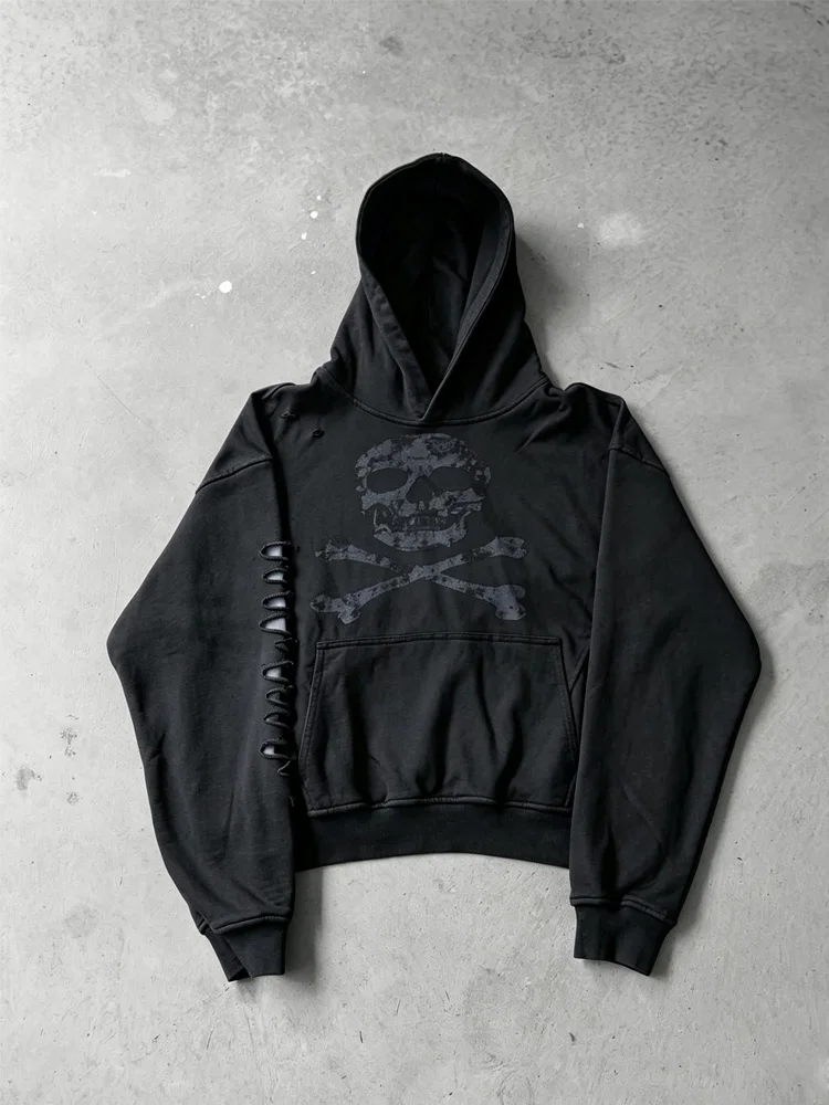 2026 Herbst Winter Damen Gothic Grunge Totenkopf-Kreuzbein-Hoodie mit zerrissenen Ärmeln, Oversized Streetwear-Sweatshirt