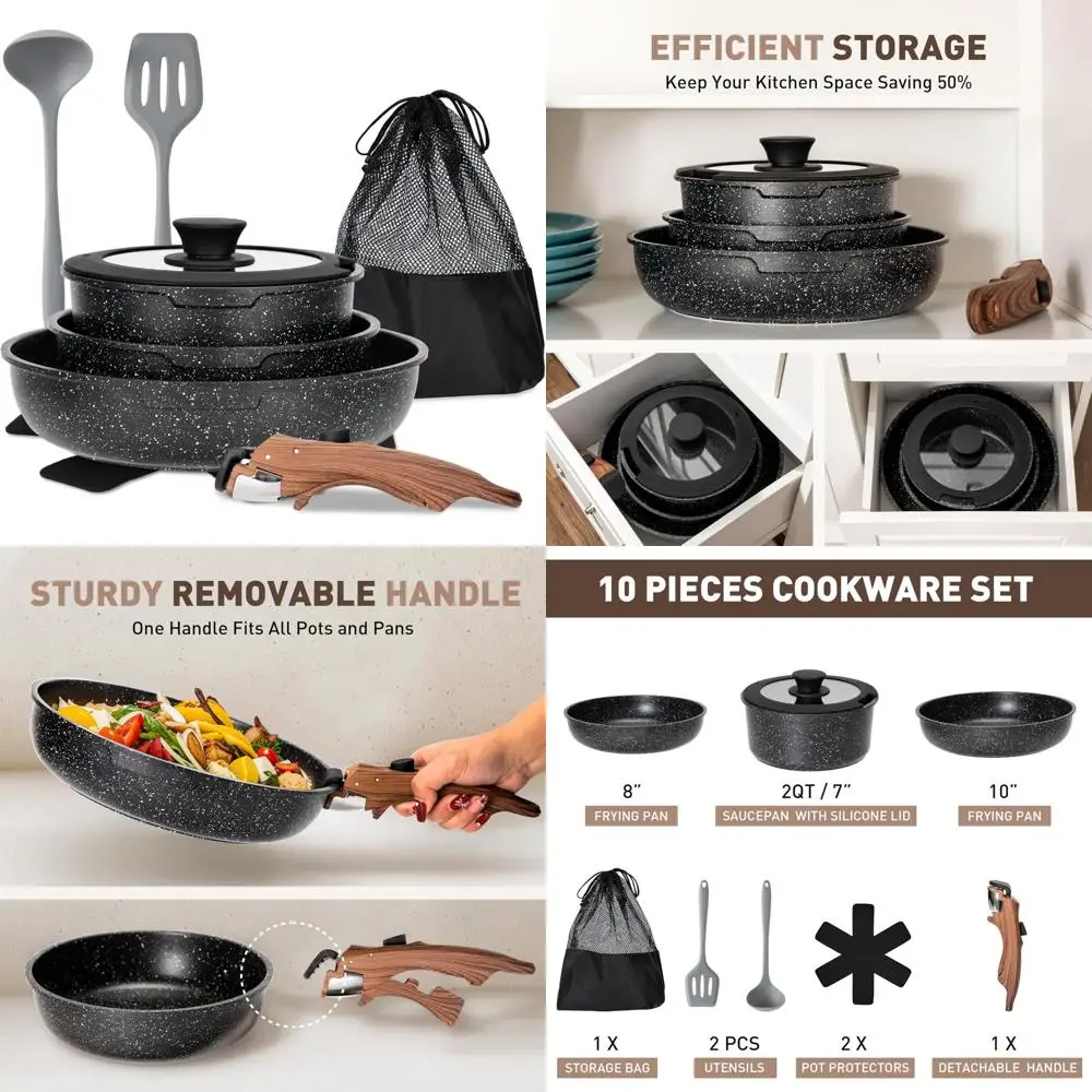 

10-Piece Nonstick Black Granite Detachable Handle Cookware Set, Stackable Induction Pots and Pans