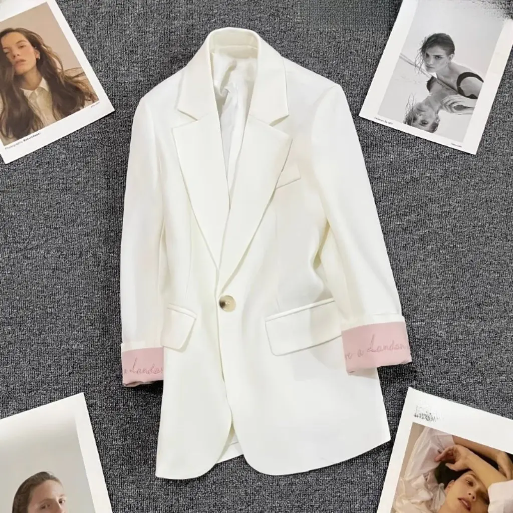 Dames lichtroze geborduurd colbert Koreaanse stijl mode één knop trendy kleine heren lente herfst nieuw