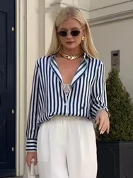 HH Women Stripe Long Sleeve Blouse Vintage Lady Top Y2K Loose Street Shirts Spring New Fashion Button Up Satin Shirt Blouse