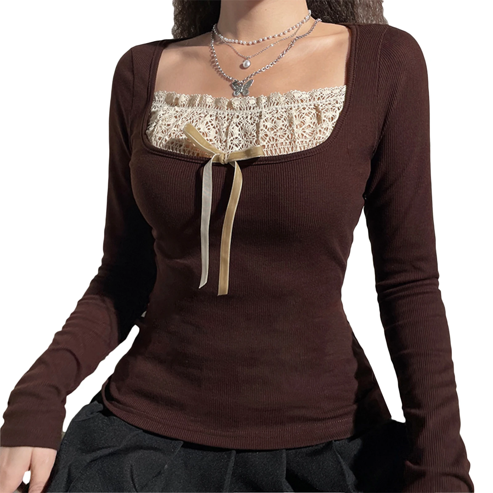 

2023 Sexy Women's Long Sleeve Knitted Tops Lace Stitching Neckline Knitwear Bowknot Decoration Slim-Fit Casual Pullover