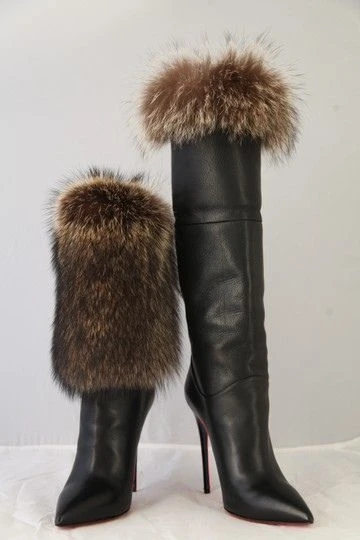 Sexy Warm Fur Knee High Boots Pointed Toe Stiletto Heels Fashion Leather Winter Booties Smoth Upper Sewing Casual Women Shoe