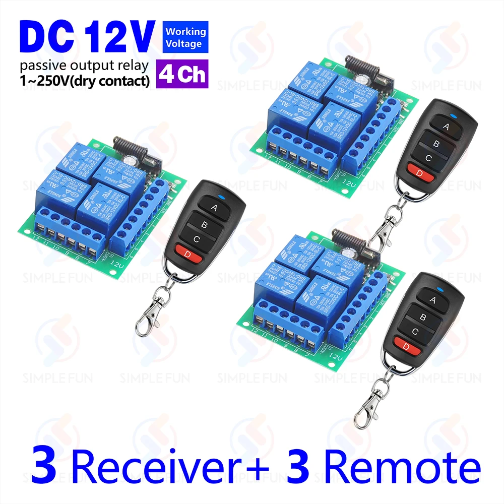 433 Mhz Universal Drahtlose Fernbedienung Licht Schalter DC 12 V 4CH RF Relais Empfänger 60 m Reichweite für Licht/Garage Tür/LED DIY
