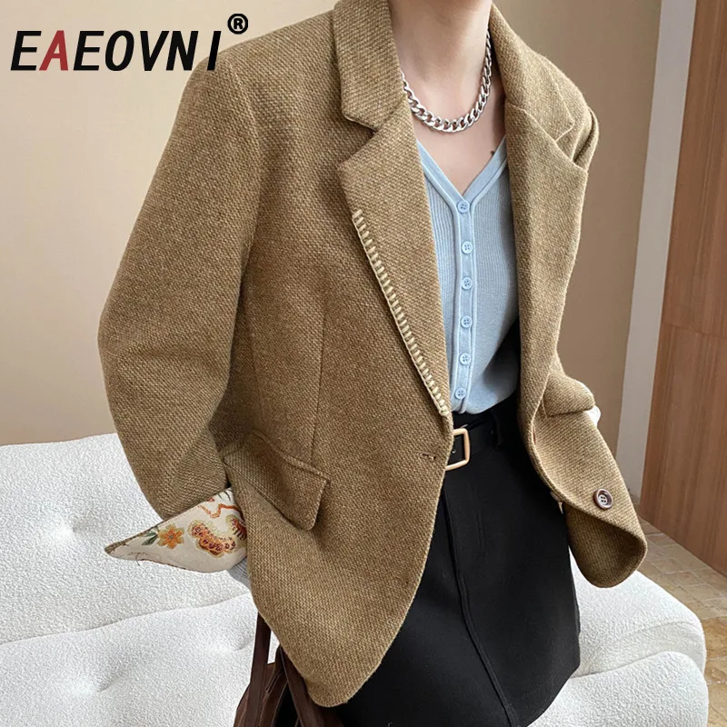

EAEOVNI Vintage Woolen Blazer Coat Women Autumn Winter New Solid Color Button Long Sleeve Coat Offline Lady Fashion Clothing