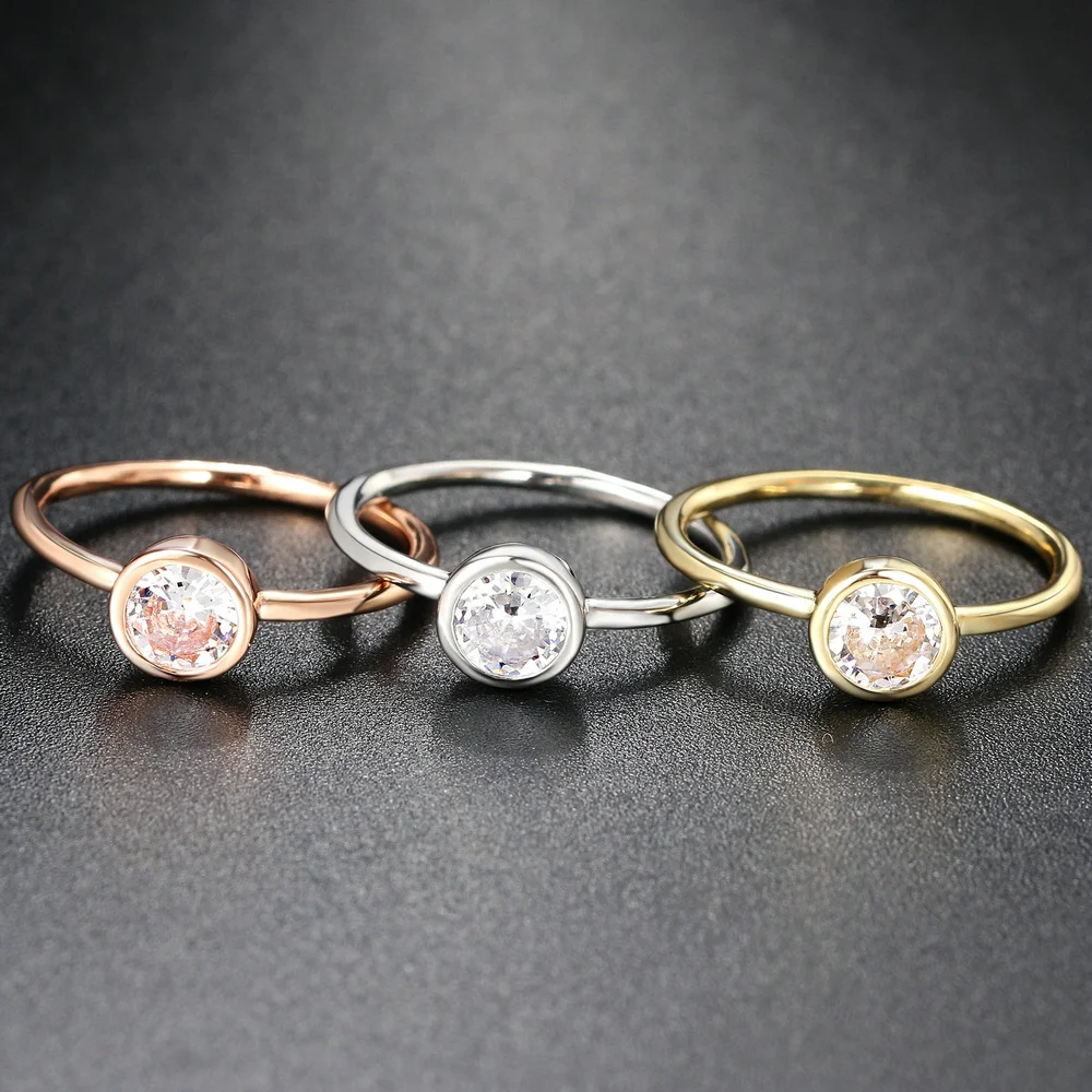 Minimalist Promise Ring for Women Simple Round Zirconia Crystal Rose Gold Color Dating Ring Accessories Fashion Jewelry R135