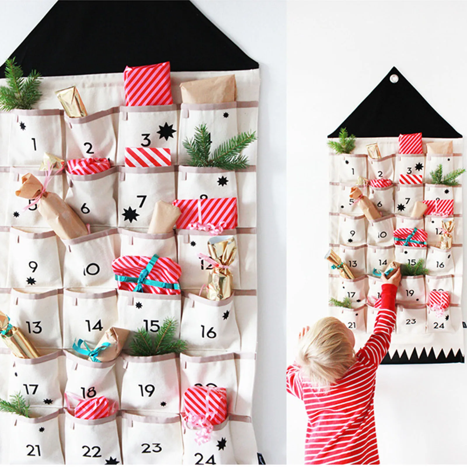 24 Pockets Hang Fabric Xmas Advent Calendar Drawstring Bags Banner Pendant For Door Wall Bedroom Sundry Organiser Home Decor