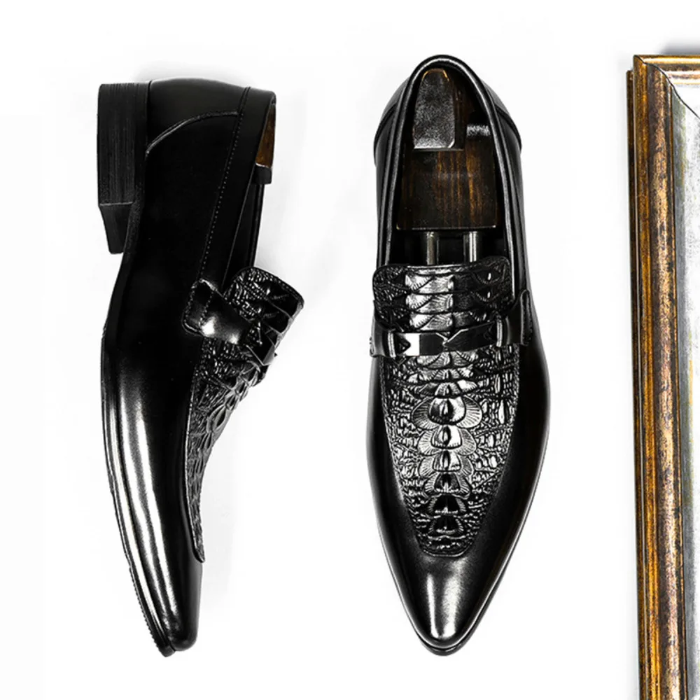 New Arrival Pointed Toe Crocodile Embossed Breathable Leather Mens Formal Business Shoes Fashion Trendy Dress Shoes for Men