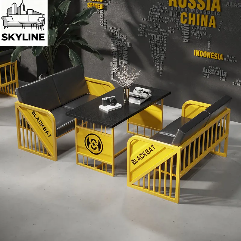 Creative Iron Booth Dining Combination, Industrial Style Sofa Seat Table Set for Catering Space Deco