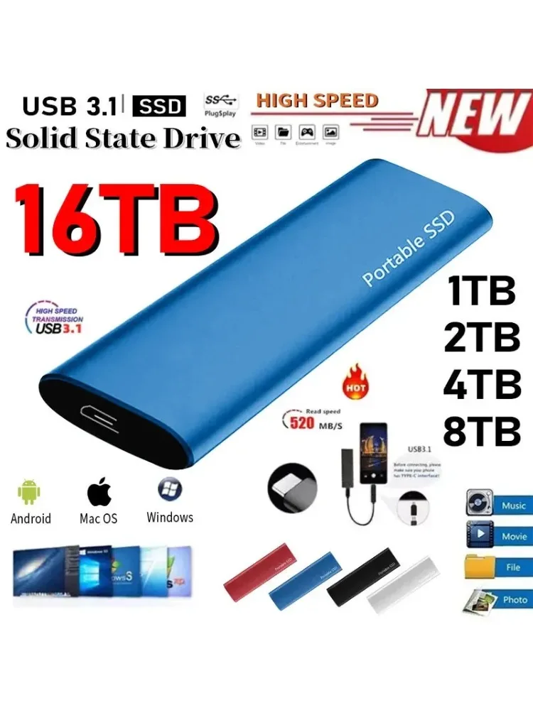 Disque SSD externe Portable haute vitesse 1 to, Interface USB3.1 type-c, disque dur de stockage de masse pour ordinateur Portable/Mac/téléphone