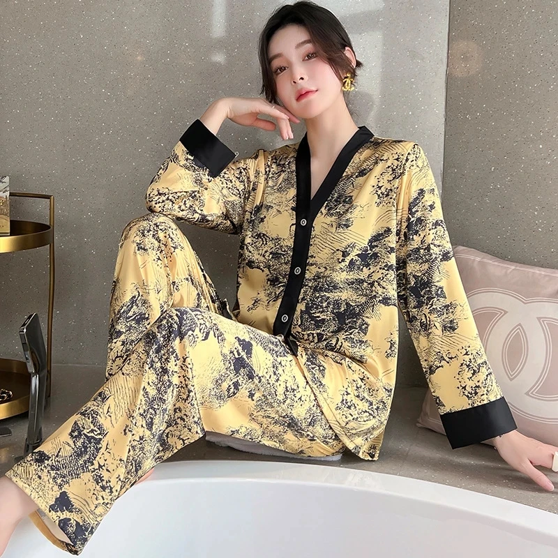 Luxurious Women\'s Pyjama Set Silk Long Sleeve Spring Autumn Ladies Pajama Sut 2 Pcs with Pants Satin Loose Sleepwear for Female