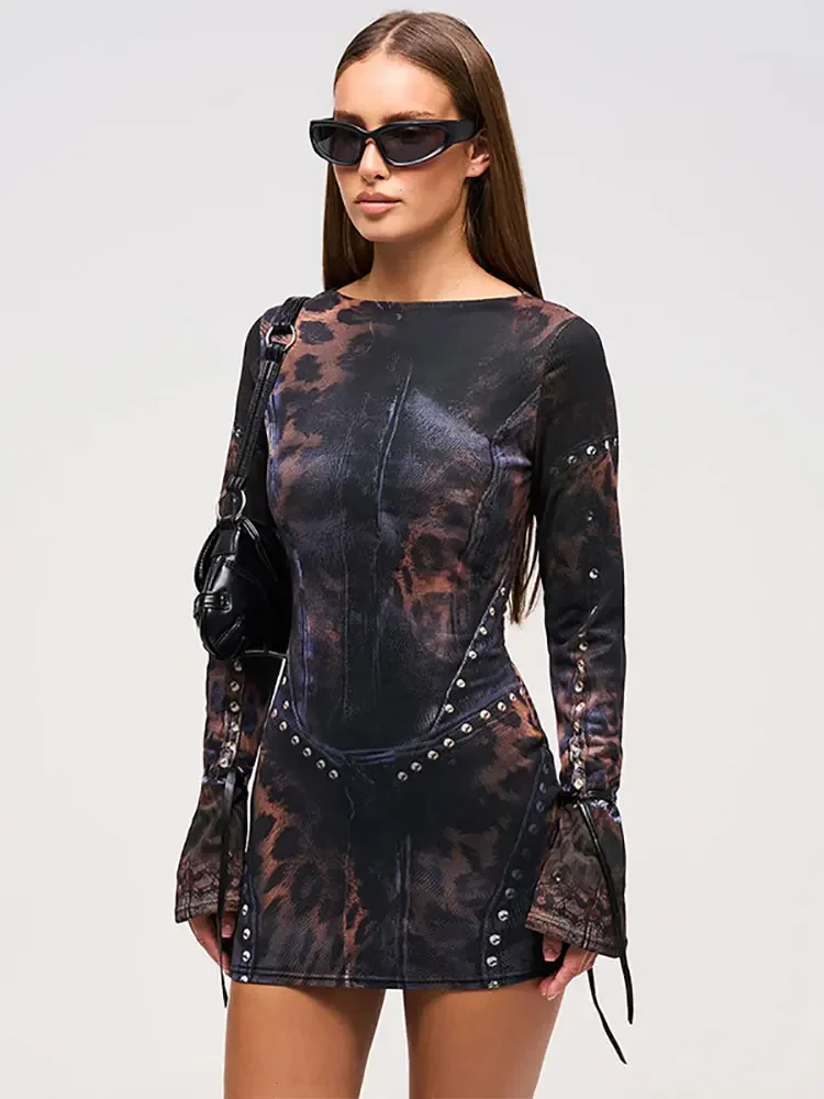 2025 New Vintage Printing Sexy Bodycon Mini Dress For Women Autumn Winter Fashion Full Sleeve Female Club Party Dresses