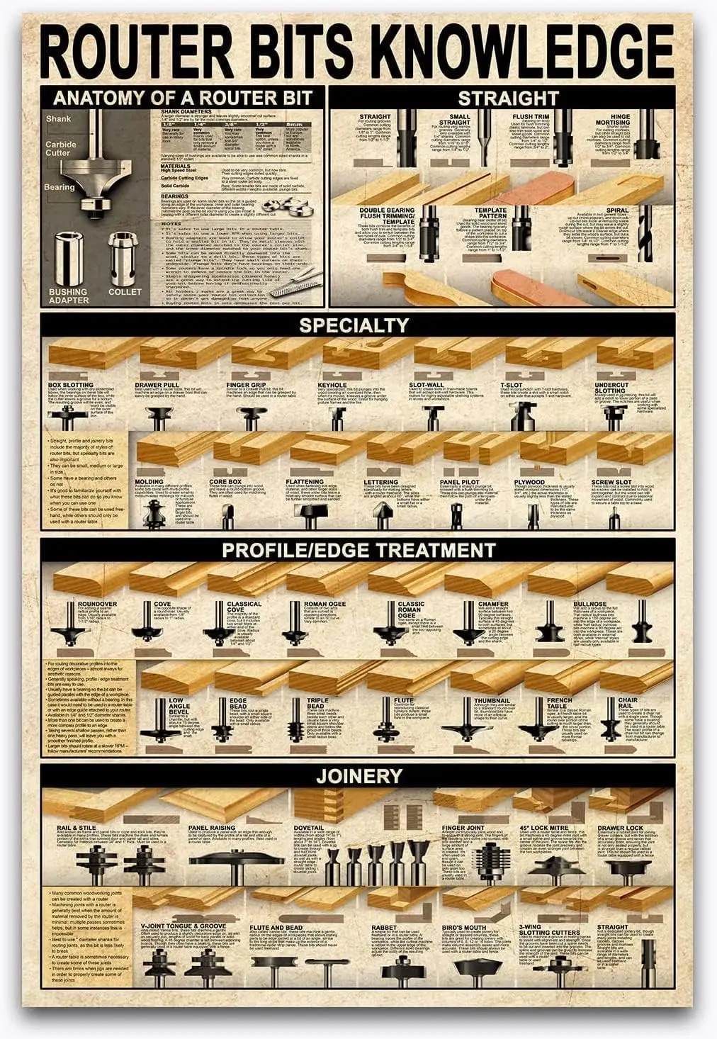 ESETASOT Guide ultime des fraises de défonceuse pour le travail du bois, Affiches murales métalliques vintage et rétro, Décoration murale pour la menuiserie, Panneau de signalisation