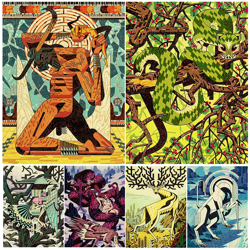 Criaturas de fantasía en folclore, cuadro sobre lienzo para pared, minotauro, unicornio, Griffin, cerdo, serpiente, arte abstracto, póster, decoración impresa