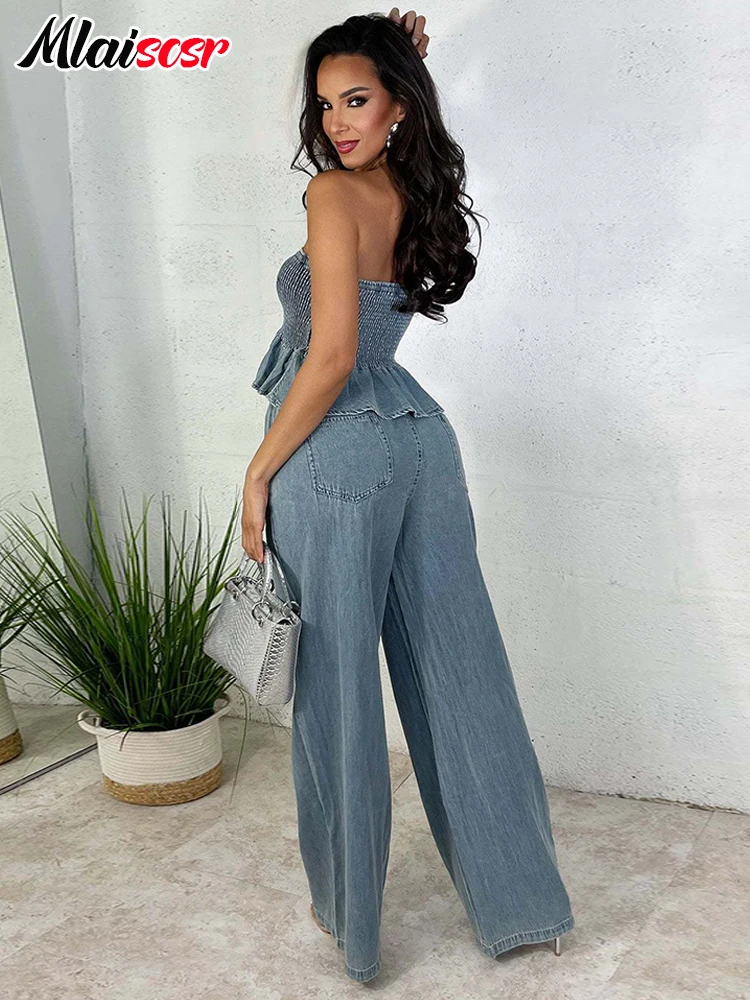 Mlaiscsr Blue Denim Two 2 Pieces Pants Set Women\'s Ruffles Hem Elastic Strapless Crop Tops and Wide Leg Jeans Birthday Outfits