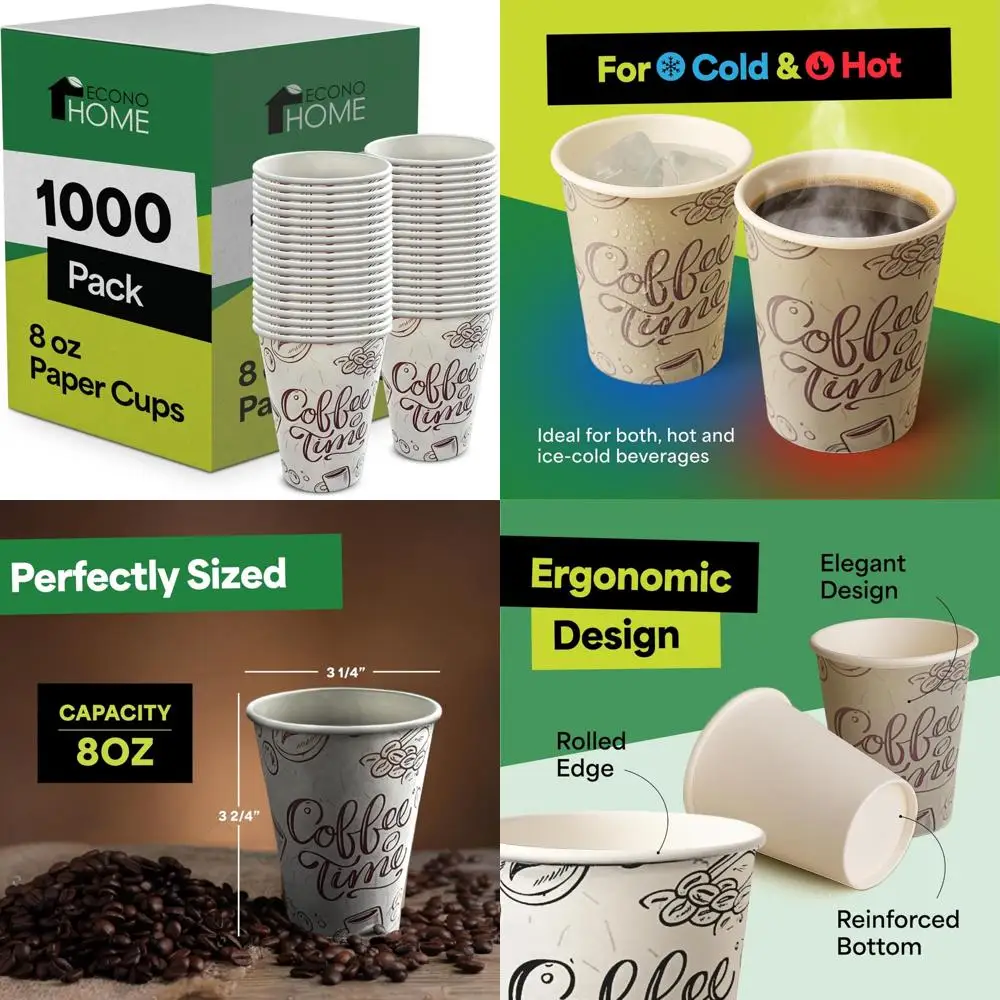 

Disposable Paper Cups 8 oz - 1000 Pack, Ideal for Hot and Cold Beverages, Tea, Water, Juice, and More