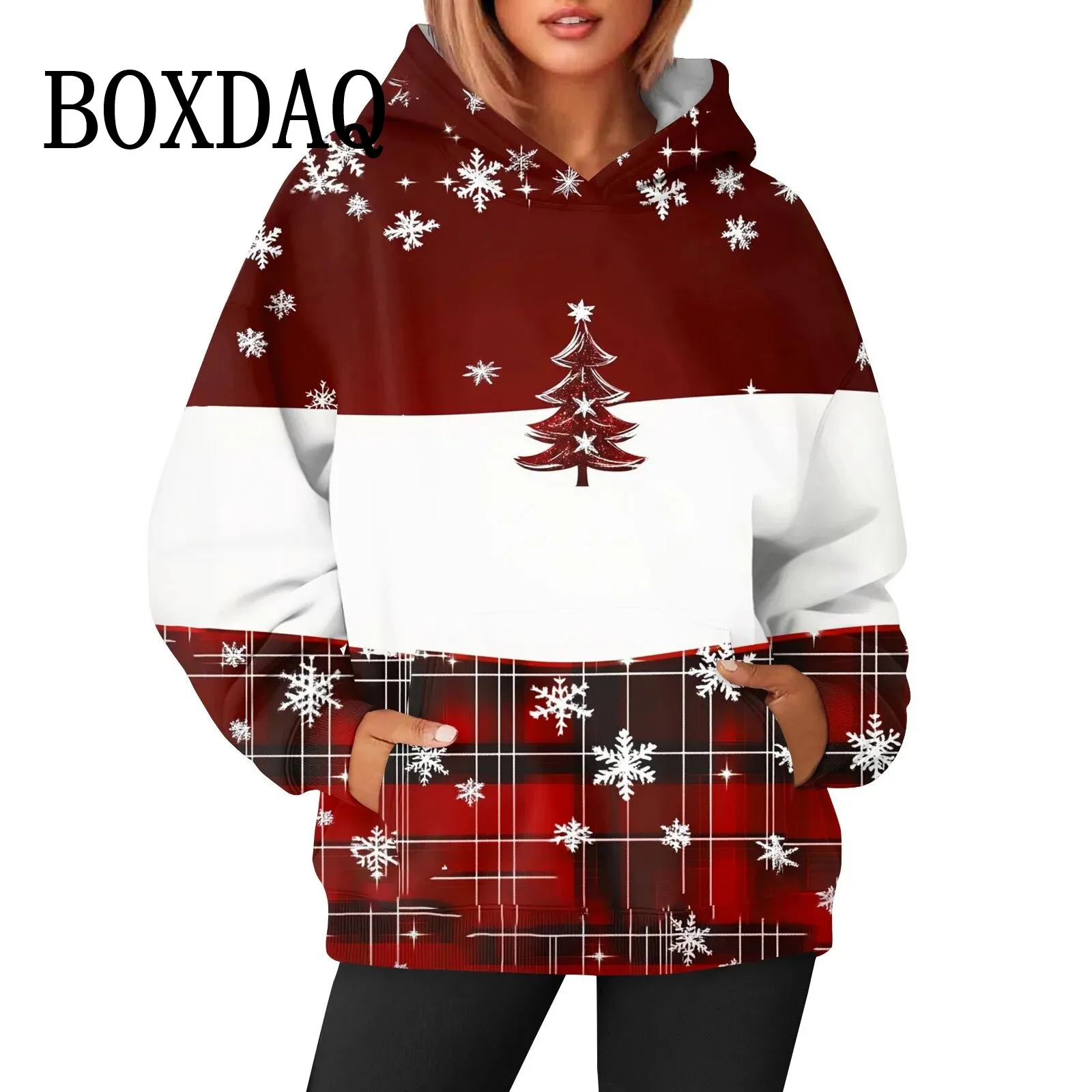 2024 Autumn Casual Women Long Sleeve Hoodies Red Chirstams Sweatshirts Snowman Print Hooded New Winter Pockets Pullovers Tops