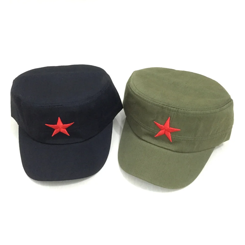 Red Five-Pointed Star Flat Top Hat For Man Military Training Outdoor Team Travel Sun-Proof Adjustable Canvas Cap